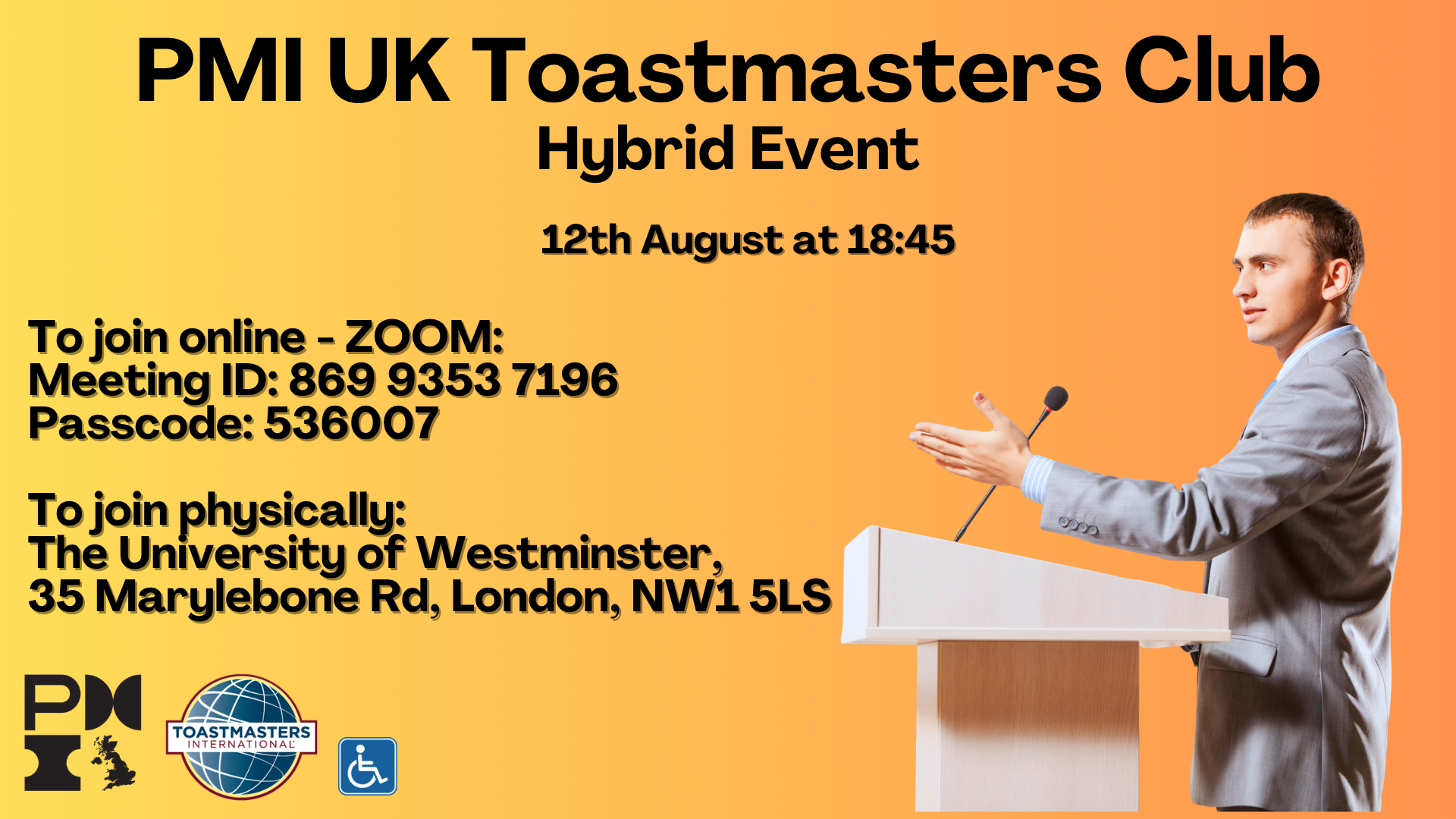 PMI UK Toastmasters. 12th August 2026