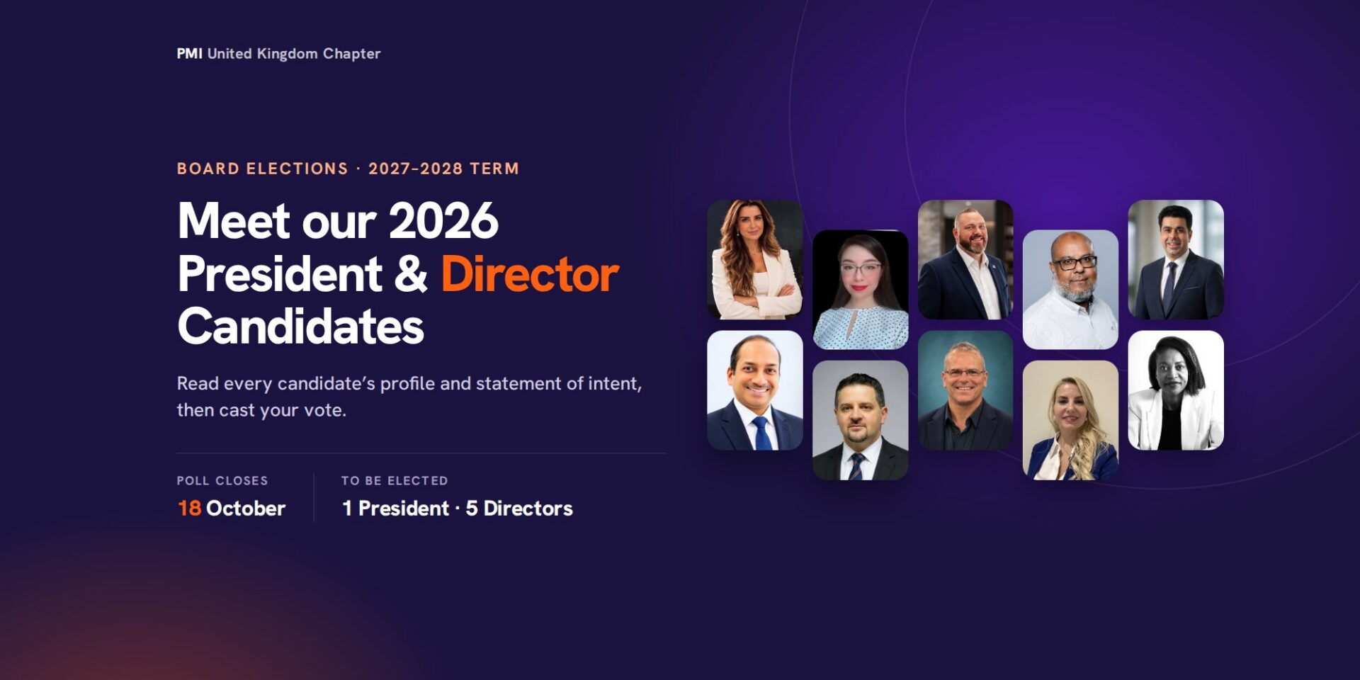 PMI UK Chapter Board Elections 2027–2028: photos of the ten President and Director candidates